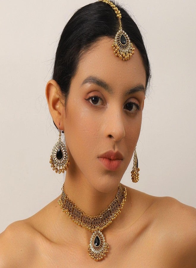 Cykdohy Ethnic Indian Jhumka Tassel Rhinestone Choker Necklace Earrings Maang Tikka 3 Pcs Set Oxidized Ancient Gold Bohemian Traditional Jhumki Pendant Crystal Retro Bollywood Statement Gypsy Wedding Bridal Jewelry for Women (Black) - Image 5
